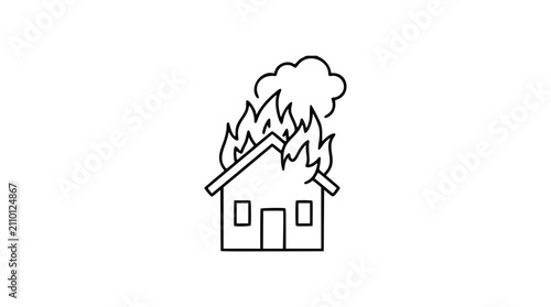 Hand-traced burning house vector icon – minimalist outline illustration of residential structure engulfed in flames with smoke cloud, perfect for emergency, disaster, insurance, or safety design needs
