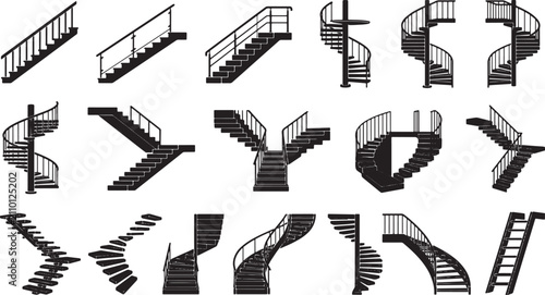 Collection of various staircase silhouettes featuring straight spiral and curved architectural stair designs in black vector format