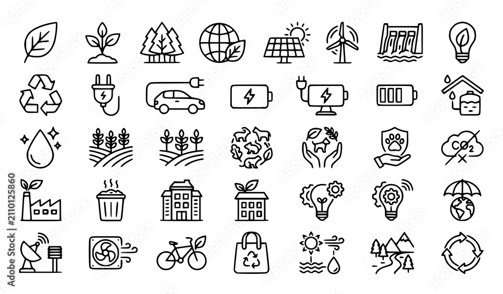 Fototapeta premium Eco Friendly Sustainability Thin Line Icon Set with Renewable Energy Plant Leaf and Conservation Symbols
