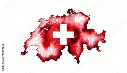 Watercolor Switzerland Map with Swiss Cross Flag Art