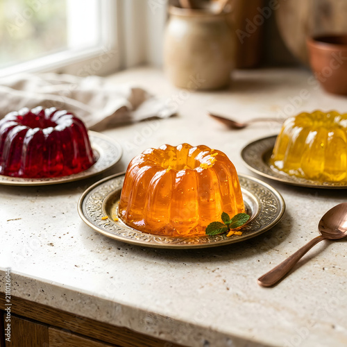 Colorful fruit jelly desserts on bronze plates. Sweet gelatin molds for festive catering.