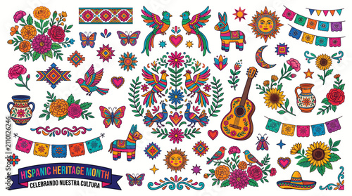 Colorful Mexican folk art symbols and festive decorations. Traditional cultural motifs and vibrant designs.