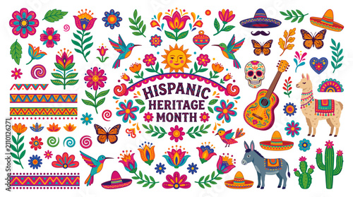 Colorful Mexican folk art symbols celebrating Hispanic Heritage Month. Vibrant traditional motifs and cultural icons.