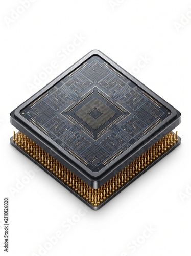 Obraz na płótnie Advanced microprocessor central processing unit component featuring intricate circuitry and gold connector pins isolated white background