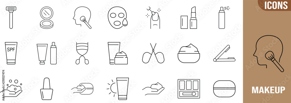 Fototapeta premium Beauty cosmetic personal care vector. lipstick icon set, makeup brush icon set, sunscreen icon set