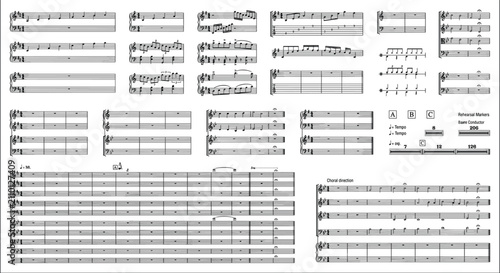 Bild auf Leinwand Music Notation Sheet Vector Collection with Staff Lines and Score Template Eleme