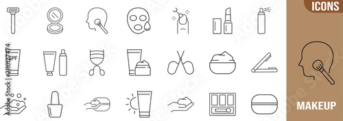 Beauty cosmetic personal care vector. lipstick icon set, makeup brush icon set, sunscreen icon set
