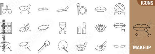Beauty makeup outline vector icons. lipstick icon set, makeup brush icon set, eyelash curler icon set