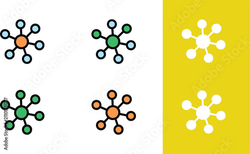 Network connection node chart showing central hub with six branching links for data transfer theme