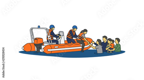 Картината върху платно Emergency Rescue Team Saving Victims from Flood Water in Inflatable Boat