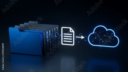 Data migration to cloud storage concept with blue digital folders document icon and glowing server network visualization in dark studio space representing modern enterprise backup.