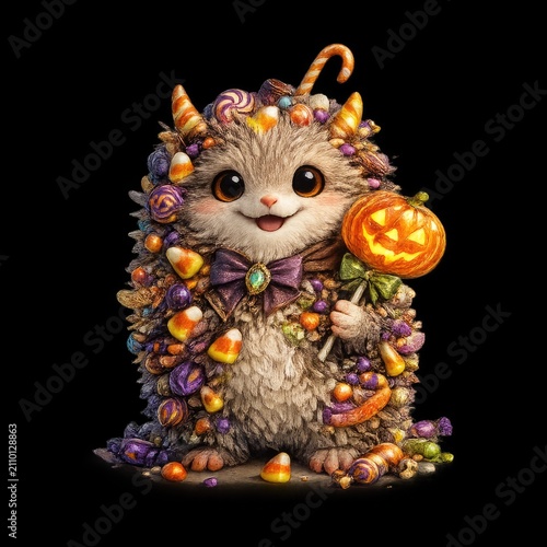 Cute Candy Covered Halloween Monster Holding Glowing Jack O Lantern Lollipop Isolated on Transparent Background