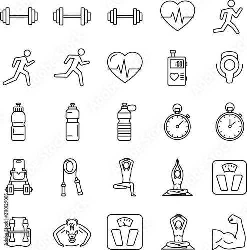 Fitness and exercise icon set featuring dumbbells heartbeat running skipping rope and gym equipment for health tracking exercise dumbbells
