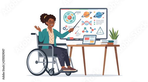 Professor in wheelchair teaching science with presentation screen and laptop