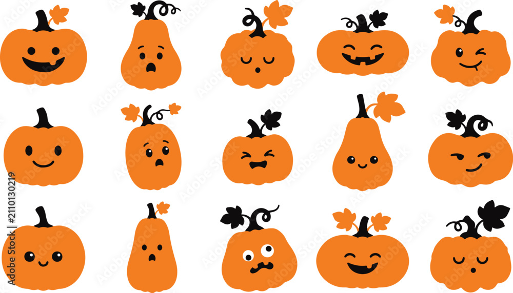 Naklejka premium Cute Halloween pumpkin faces vector set, friendly jack o lantern illustrations