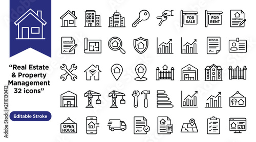 Quadro su tela Real estate and property management 32 icons, editable stroke line vector set