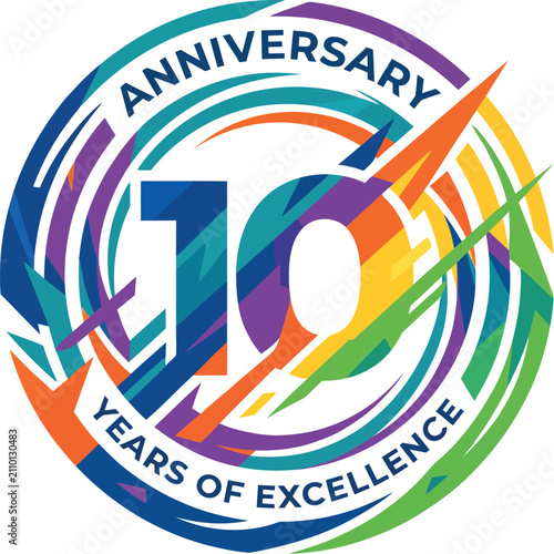 Foto 10th Anniversary Celebration Logo with Dynamic Rainbow Geometric Ring and Abstra