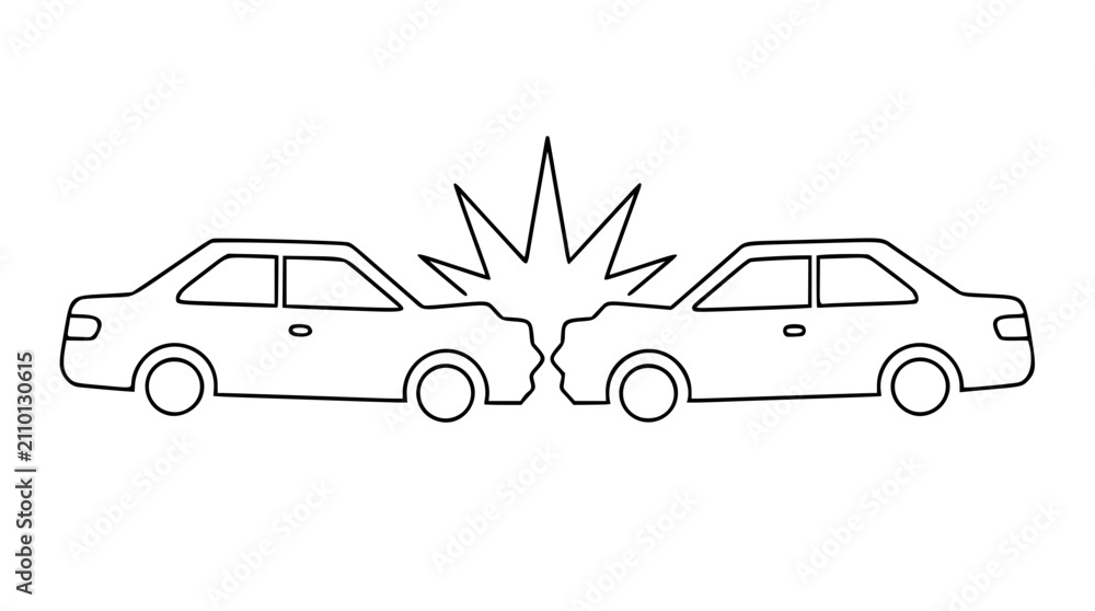 Naklejka premium A simple black outline vector illustration of two cars colliding head-on with a starburst impact symbol, representing traffic accidents, safety, and vehicle damage in a minimalist style.