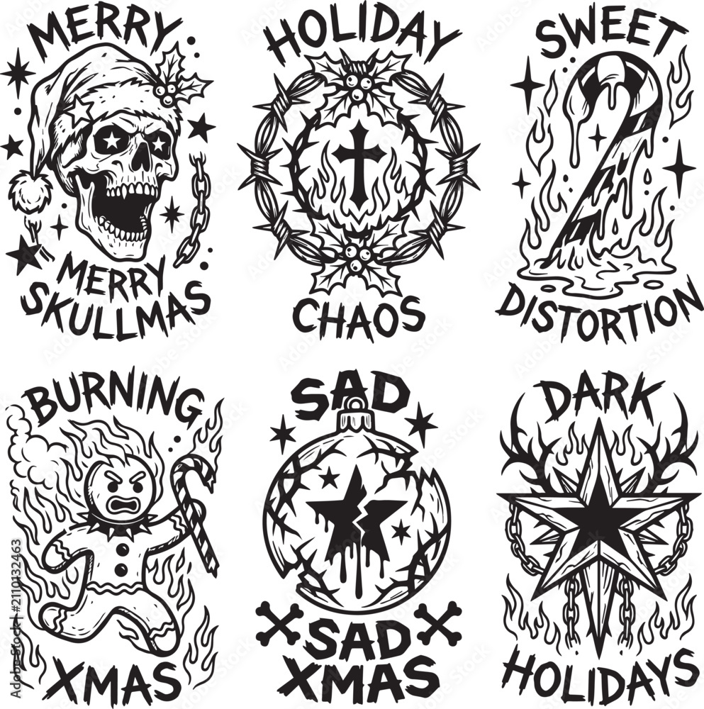 Obraz premium Punk Christmas streetwear apparel vector sheet y2k skull santa hat graphic kit