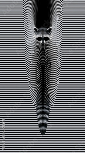 Abstract black and white line art illustration of a raccoon stretching into a distortion pattern op art background