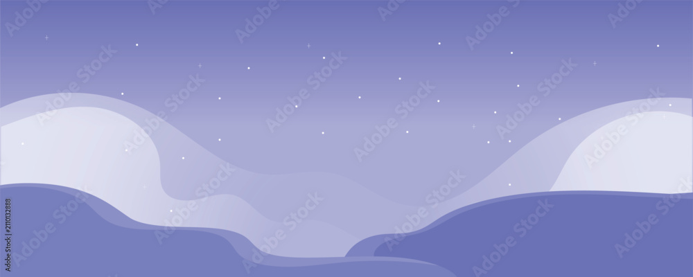 Fototapeta premium Minimal Night Mountain Landscape with Rolling Hills and Starry Sky in Soft Purple Flat Design Vector Illustration