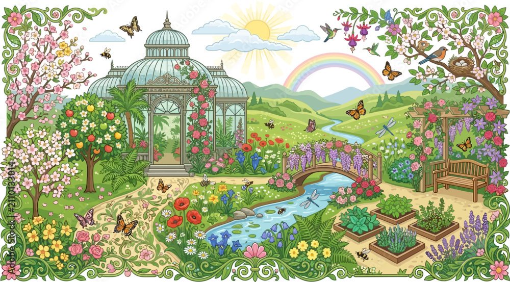 Obraz premium Greenhouse stands in a vibrant spring garden with a flowing stream, wooden bridge, blooming trees, and colorful butterflies under a bright sun.