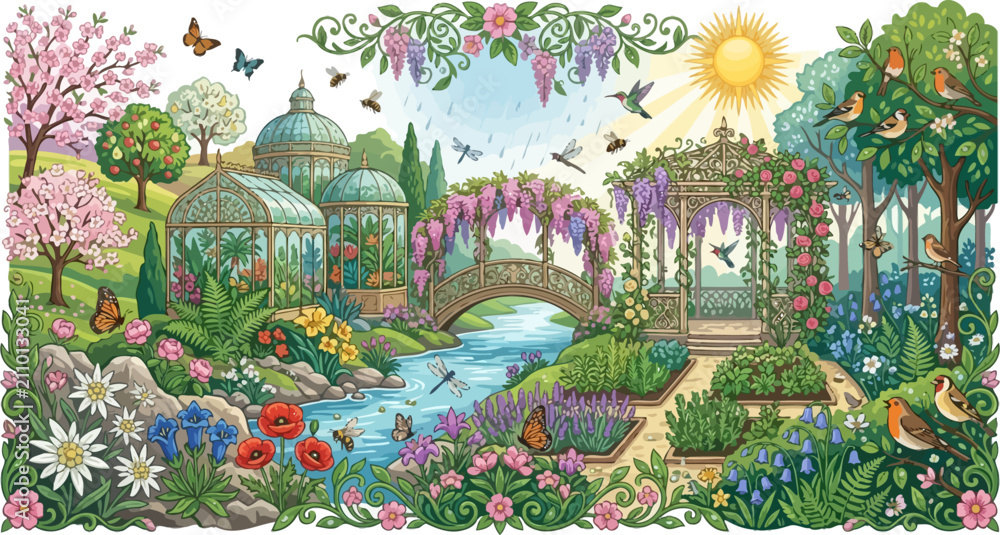 Fototapeta premium Garden oasis showcases a wooden bridge spanning a stream with greenhouses and a floral gazebo under the morning sun.