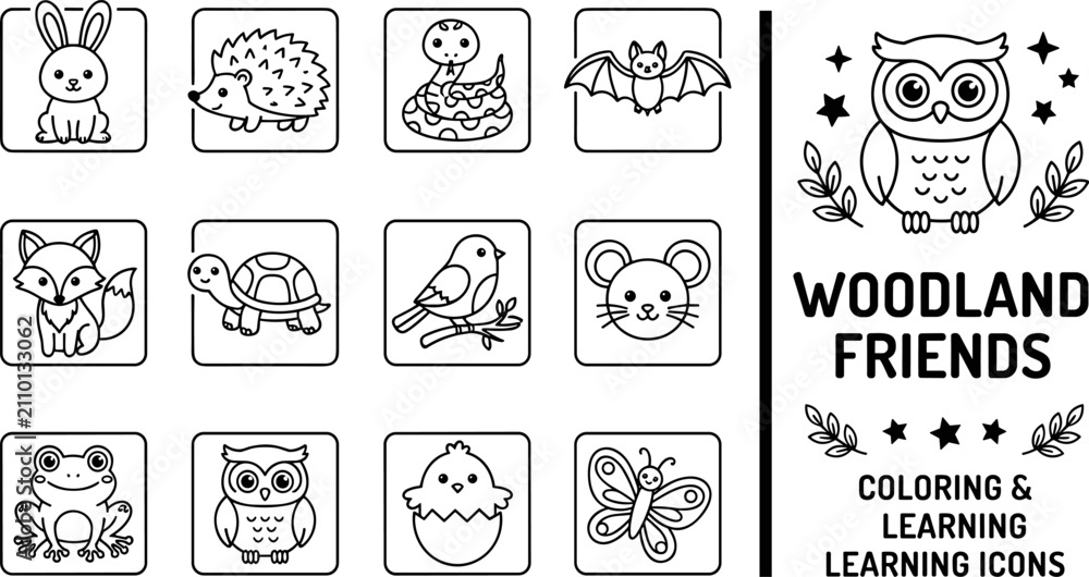 Fototapeta premium Woodland Animal Coloring Icon Set Featuring Cute Forest Creatures, Educational Outline Symbols, Kids Activity, and Learning Illustrations