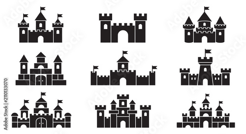 Fotografie Collection Of Castle Silhouettes In Black And White Flat Design Silhouette