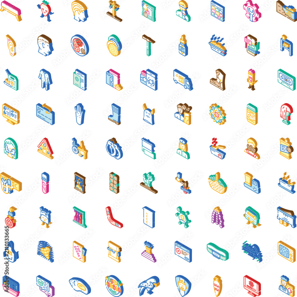 Fototapeta premium Isometric icon set illustrating a wide range of essential business, communication, internet, delivery, social, manufacturing, and support concepts for various industries