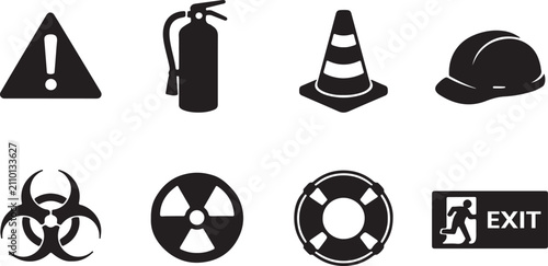 Schilderij op canvas Set of industrial safety and hazard warning signs presented as a black and white