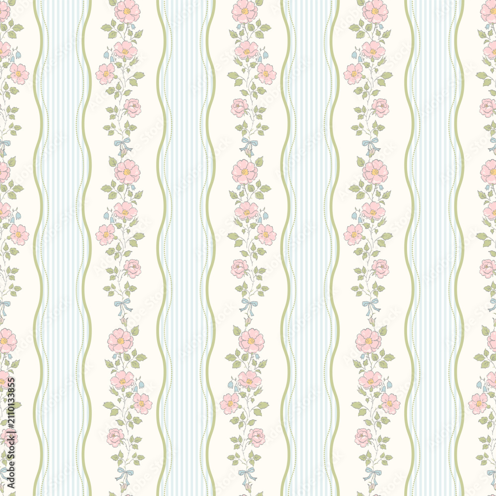 Obraz premium Vintage Wild Rose Floral Stripe Seamless Pattern with Wavy Blue Ticking Stripes and Cottage Garden Flowers