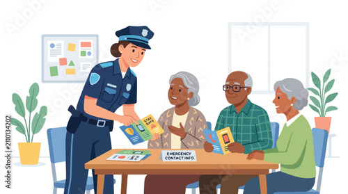 A female police officer presenting information to a group of senior citizens at a table.