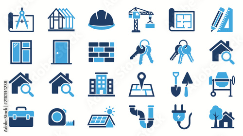 Quadro su tela Construction and real estate icons represent professional building tools, architectural blueprints, and housing development concepts for industry experts