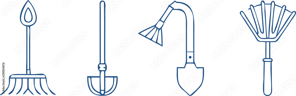 Obraz premium Set of linear blue gardening tools icons featuring rakes hoe and shovel for agriculture design elements