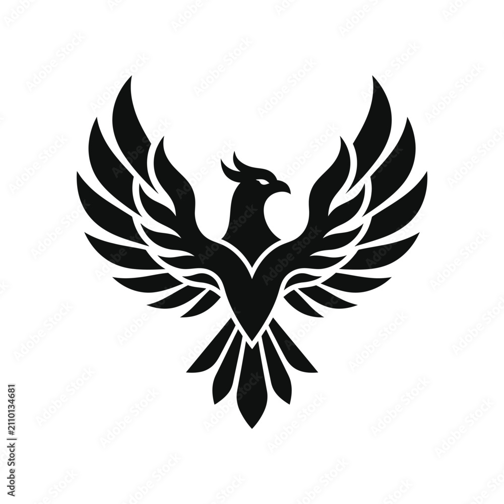 Naklejka premium Black phoenix silhouette with rising wings on white.