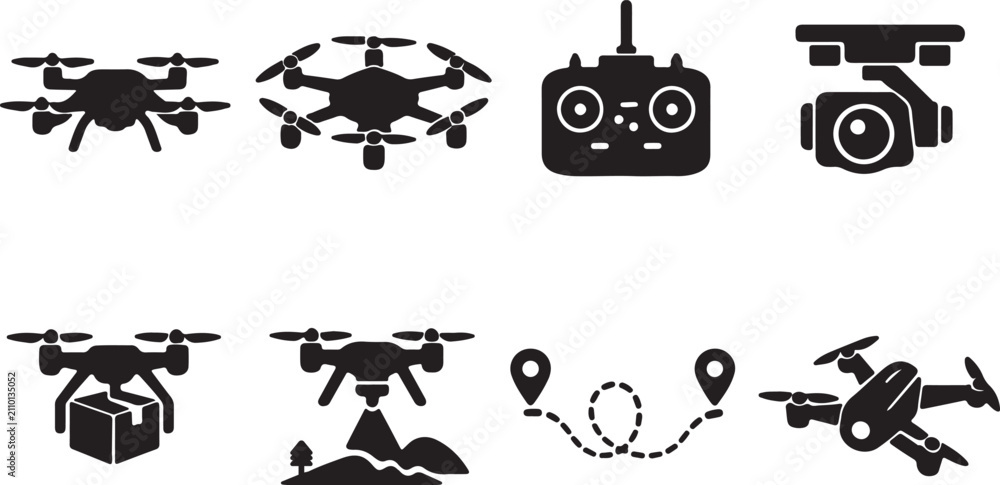 Fototapeta premium Set of various drone technology and aerial photography equipment icons in a flat black silhouette