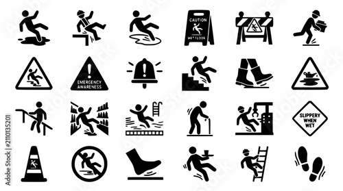 Tableau sur toile Slippery Wet Floor Caution and Injury Hazard Silhouette Icon Set Featuring Slips
