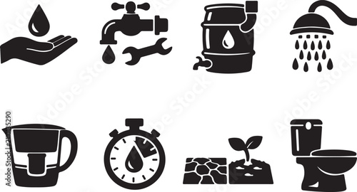 Foto Set of water conservation and plumbing related icons featuring a distinctive bla