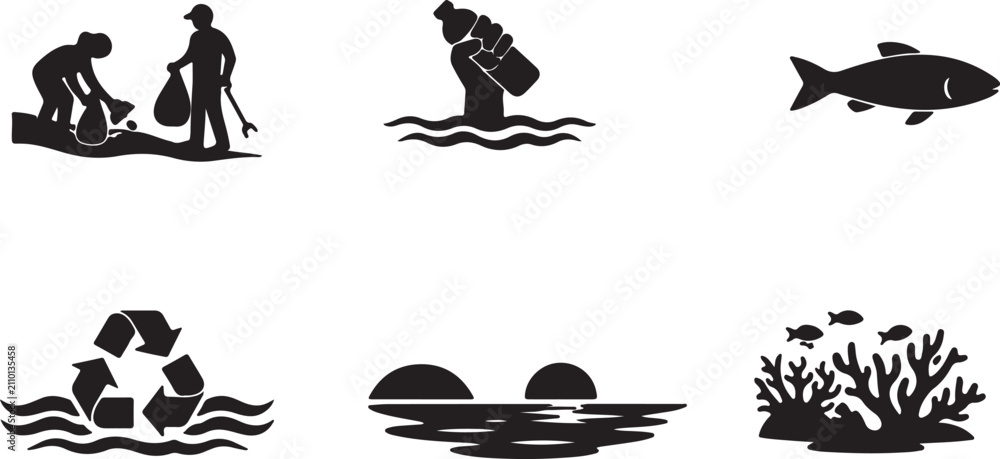 Obraz premium Set of environmental protection and ocean conservation icons featuring a clean black and white silhouette
