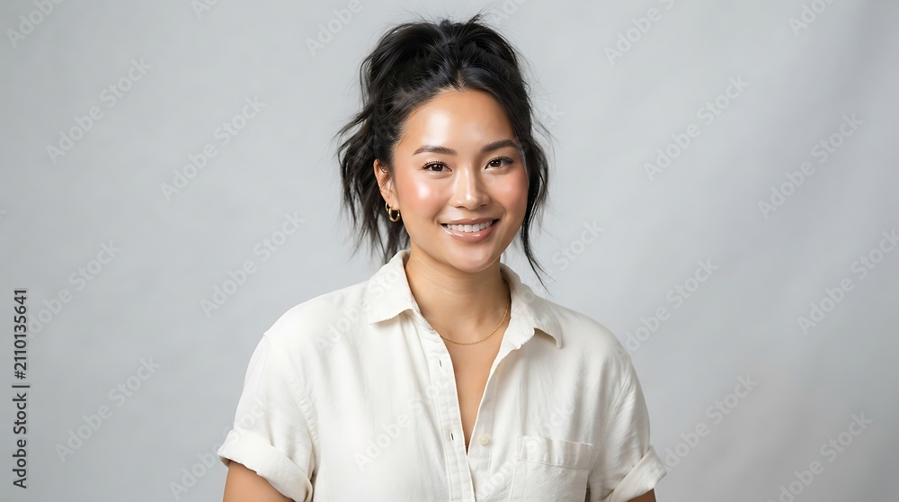 Fototapeta premium Smiling woman in light-colored blouse with crossed arms