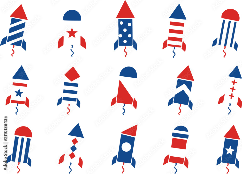 Obraz premium Fourth of July Firework Rocket Icon Set - Patriotic Red White and Blue Vector Illustration