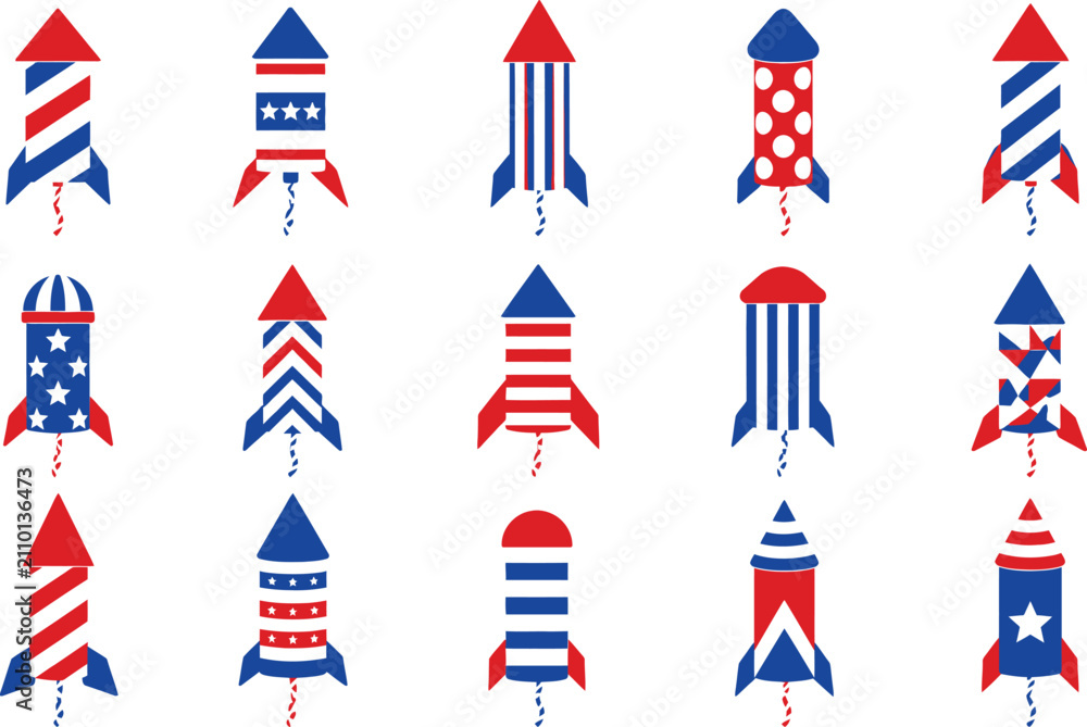 Obraz premium Fourth of July Firework Rocket Icon Set - Patriotic Red White and Blue VectorFlat Style