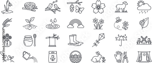 Bild auf Leinwand Spring Season Line Icons Set, Nature, Flowers, Gardening, Easter and Weather Out