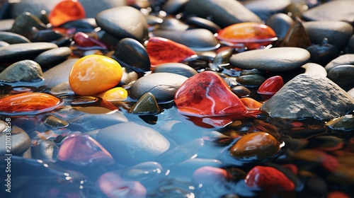 A photo of multicolored stones in a shallow stream.