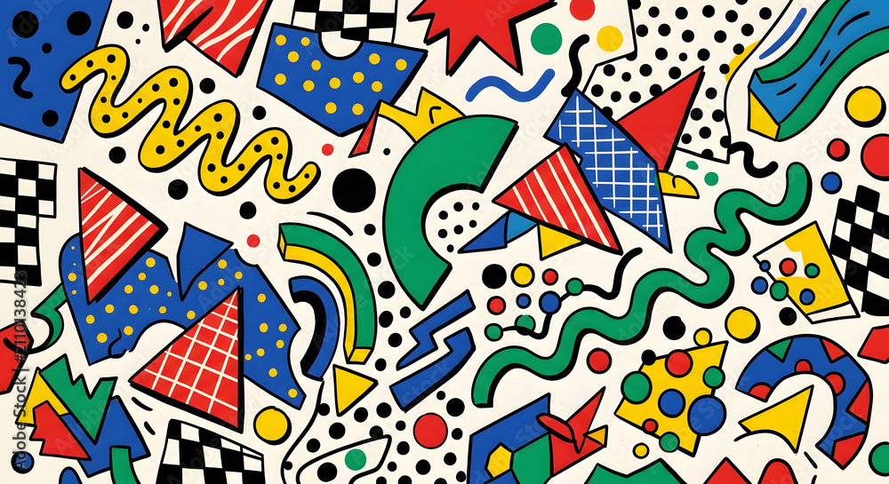 Fototapeta premium Bold abstract Memphis design style pattern with playful squiggles, dots, and triangles in vibrant primary colors
