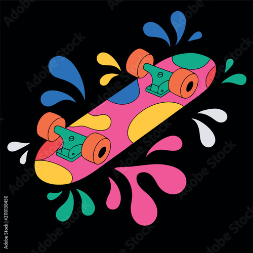 Colorful skateboard vector illustration with bright pink deck, blue wheels, abstract paint splash graphics, minimal flat design, bold black background, clean outlines, modern street style, isolated ob