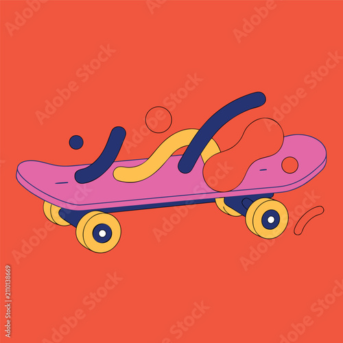 Colorful skateboard vector illustration with bright pink deck, blue wheels, abstract paint splash graphics, minimal flat design, bold black background, clean outlines, modern street style, isolated ob