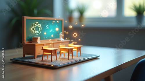 Holographic 3D miniature classroom projecting from tablet on desk