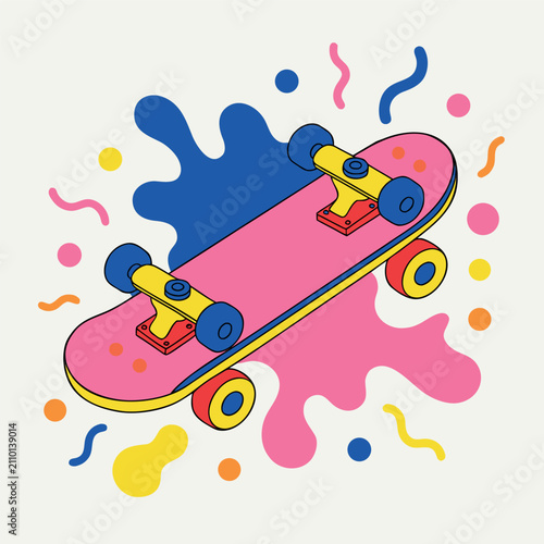 Colorful skateboard vector illustration with bright pink deck, blue wheels, abstract paint splash graphics, minimal flat design, bold black background, clean outlines, modern street style, isolated ob